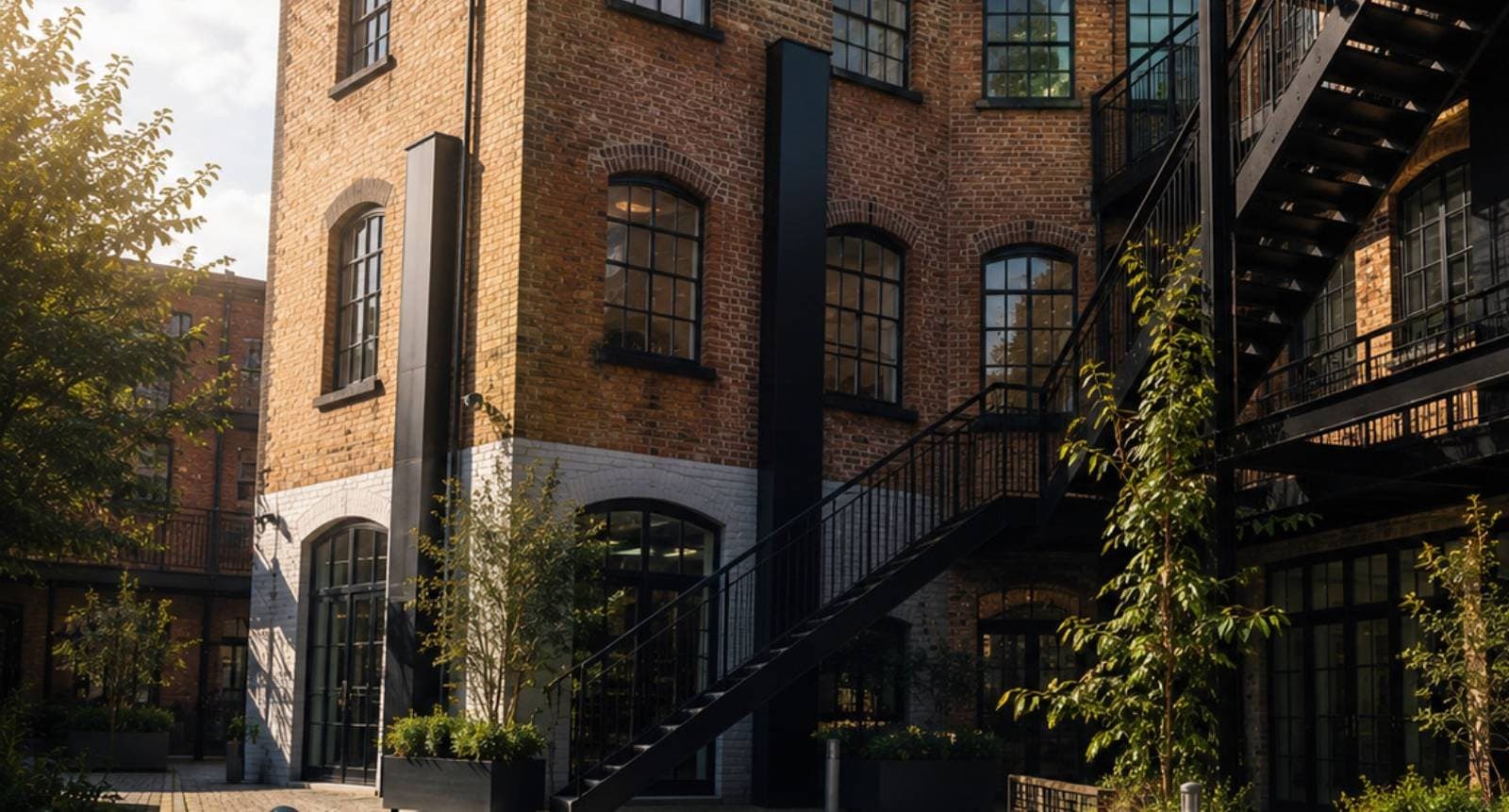 The rear of Great Hampton Street Works in late sun, trees in its courtyard